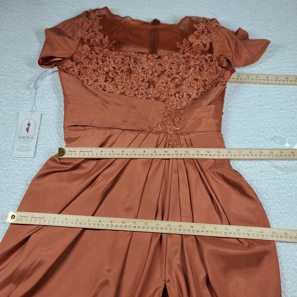Cape sleeve lace applique pleated waist burnt orange dress Sz 12 formal wedding - Picture 5 of 13